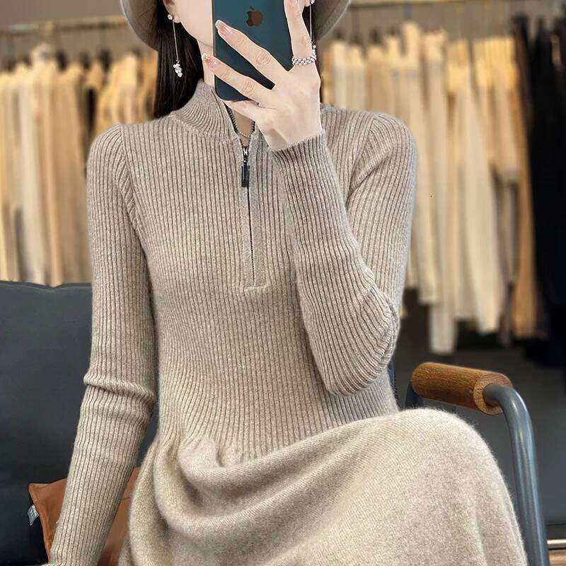 Korean Stand Collar Female Autumn/Winter100%Merino Wool Knitted and Calf Maxi Fashion Waisted High-neck Dress XJ260225