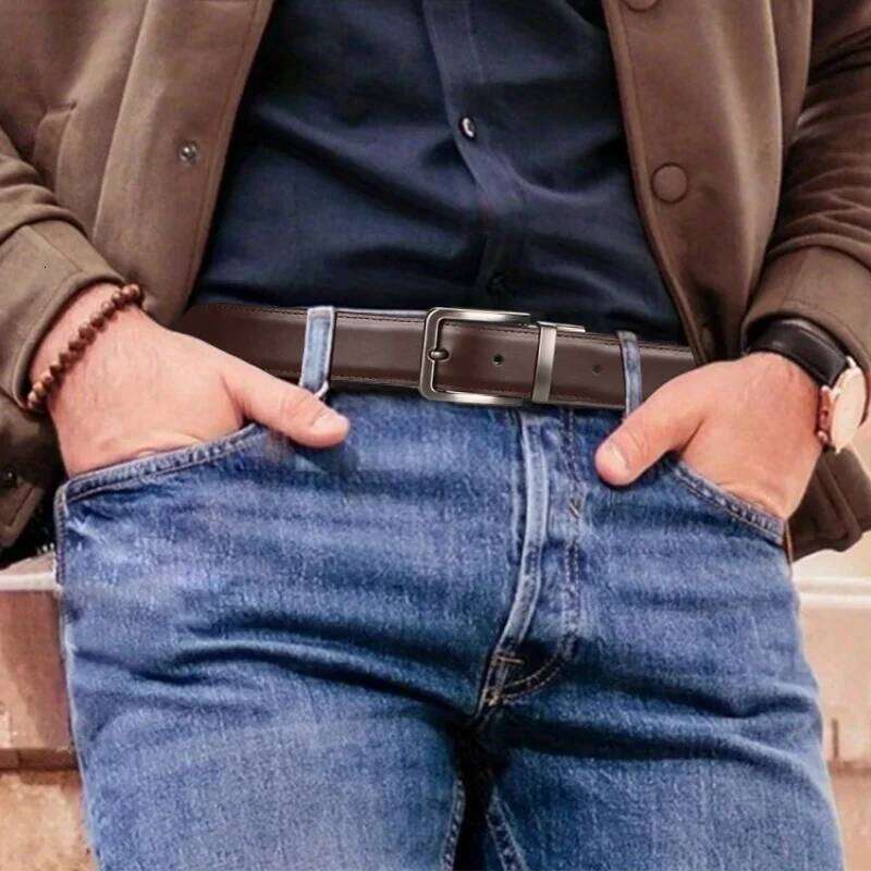 1pc Men's Leather Reversible Belt, Rotate Black Buckle Y260225