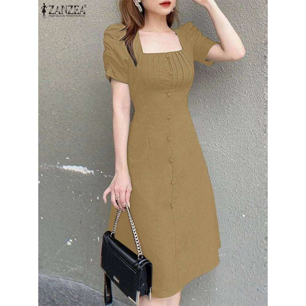 2025 Fashion OL Work Dress Women Square Neck Sundress Casual Loose Vestidos Short Puff Sleeve Solid Color Knee-Length Robe Femme XJ260225