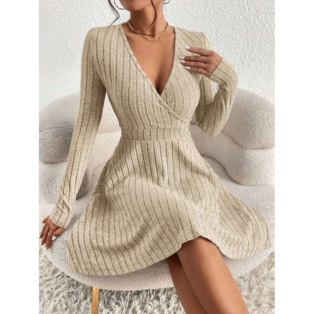 Ladies' autumn and winter sexy Bodycon sweater mini skirt Slim V-neck long-sleeved knitted dress XJ260225