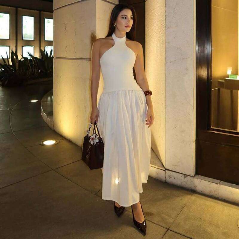 Dresses Summer Women's 2025 New Chic Elastic Slim Elegant Hanging Neck Long Women Street Fashion Youth Holiday Dress XJ260225