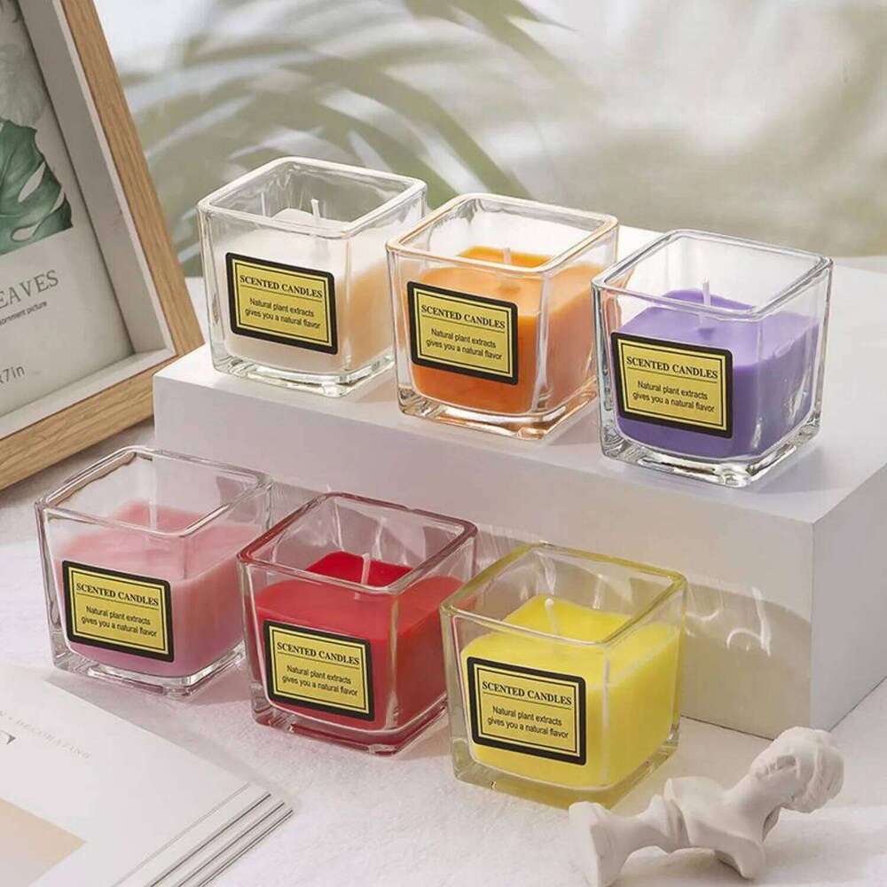 1pc Square Cup Colorful Smokeless Glass Candle Niche Aromatherapy Ins Style Romantic Home Office Party Decor H260225