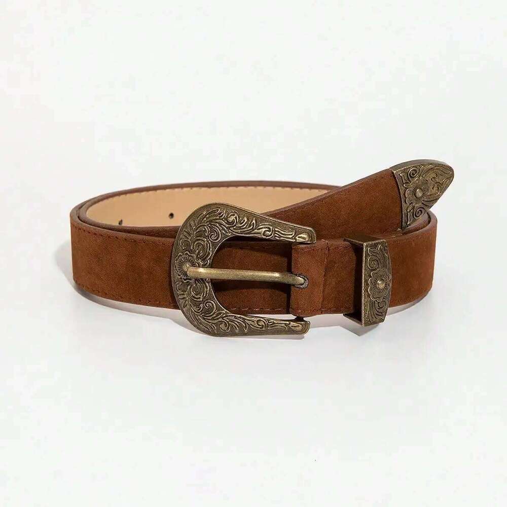 1pc Women's Brown Carved Bronze Metal Buckle Frosted Fine Velvet for Jeans Versatile Decorative Belt Y260225