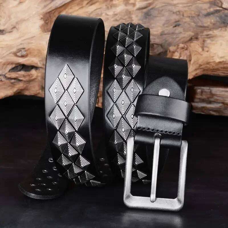 3.8cm Designer Brand Men Rivet 100% Real Pin Male Rock Top Grain Genuine Leather Cowhide Luxury Punk Belt Jean Y260225