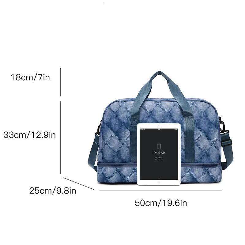 Fashion Denim Grid Shaped Travel Large Capacity, with Independent Shoe Compartment, Storage Handbag, Fitness Yoga Bag, Etc Y260225