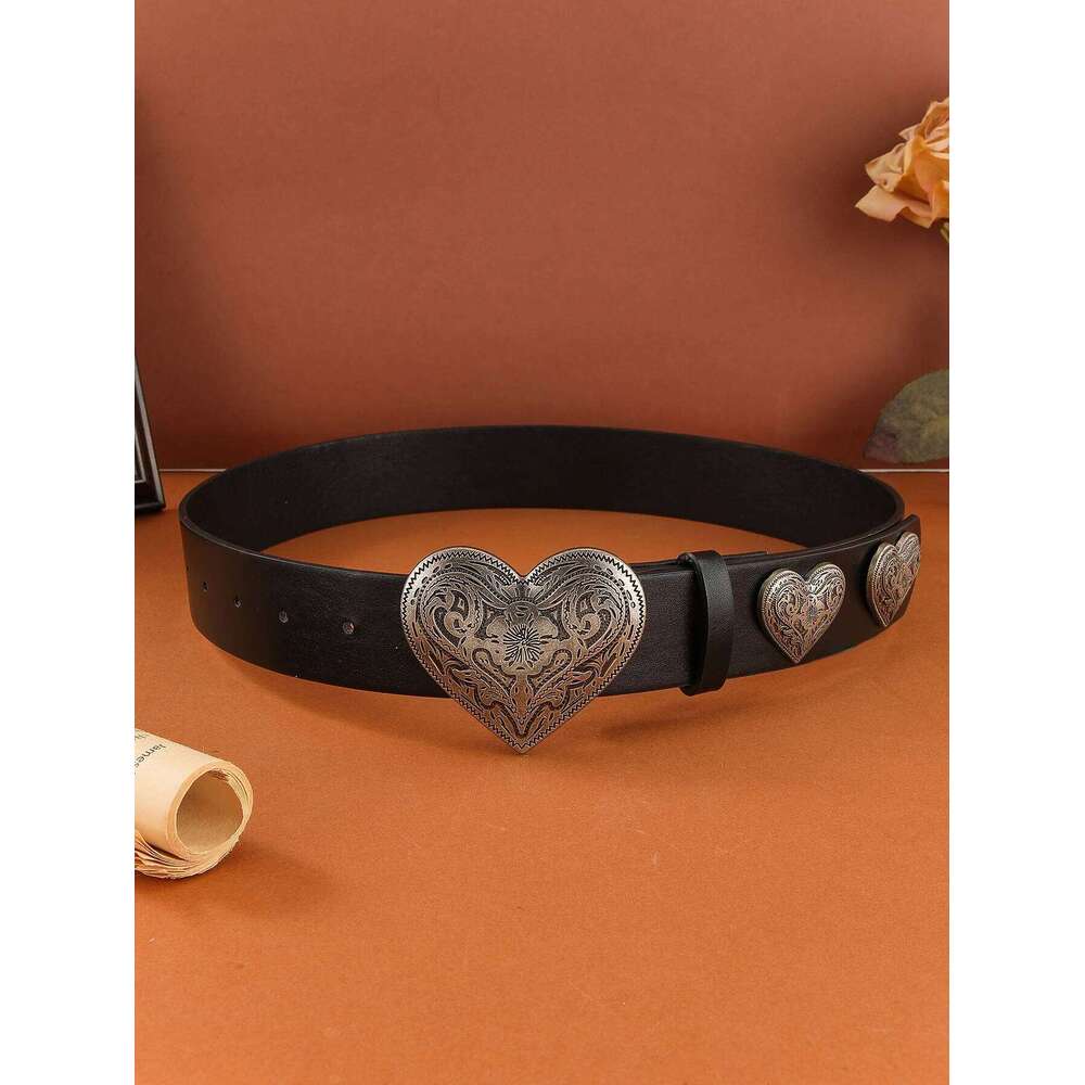 1pc women's black punk y2k engraved metal buckle heart-shaped tail jeans belt suitable for daily travel Y260225
