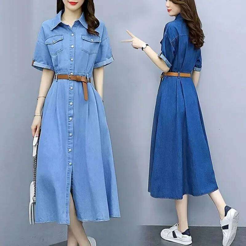 Women Denim Shirt Half Sleeve Button Front Belted Waist A-Line Mid-Calf Casual Summer Workwear Long Dress XJ260225
