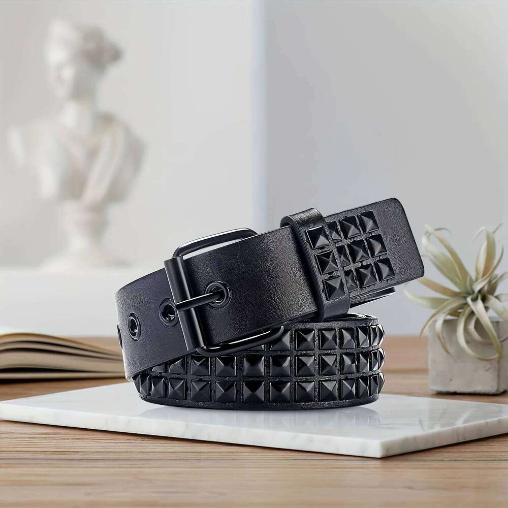Black Three-Row Rivets Punk Style Fashionable for Men and Women Rock Metal Belt Y260225