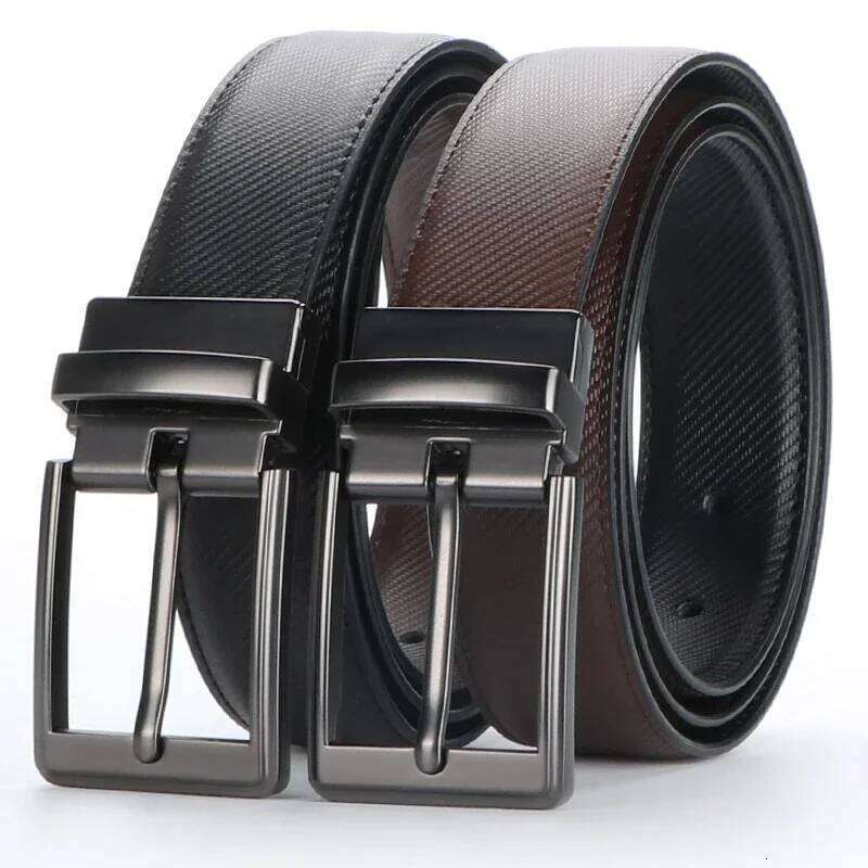 1pcs Men's Leather Reversible Belt, Rotate Black Buckle Y260225