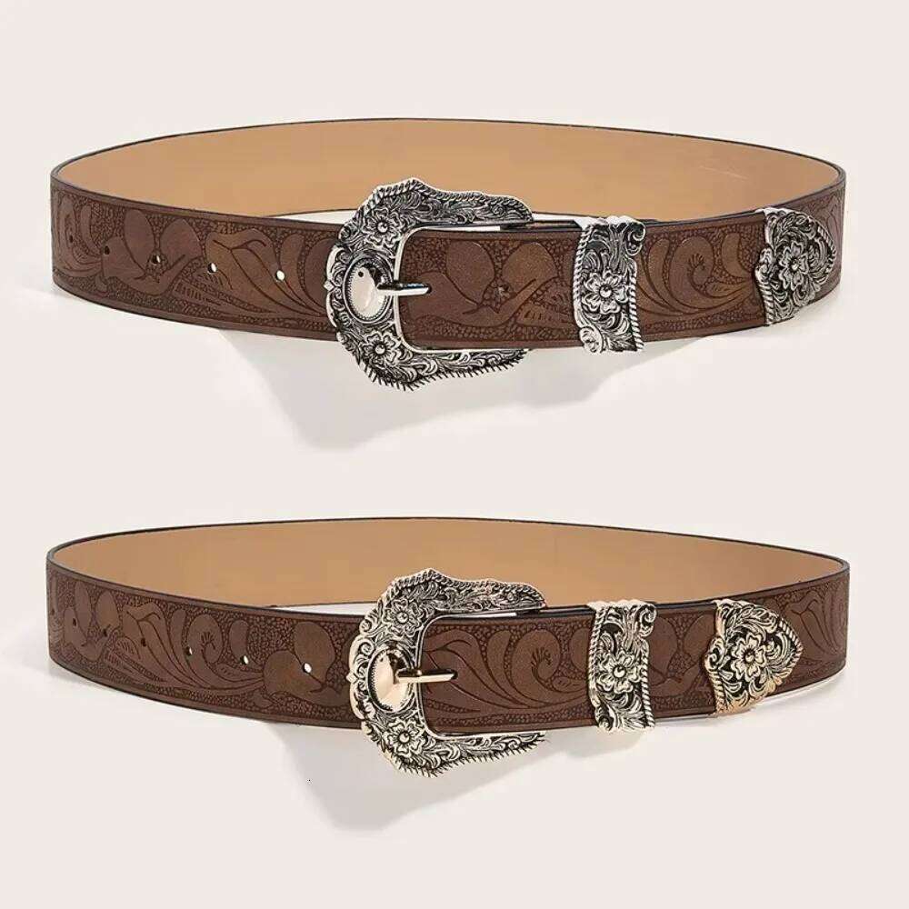 Western Brown PU Leather Vintage Female Cowgirl Waist Belt with Metal Caved Buckle 3set Designer Belts For Women Jeans Y260225