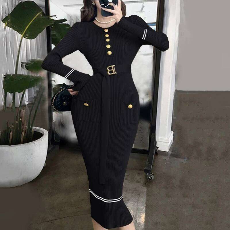 YuooMuoo Brand Fashion Knitted Long 2024 New Elegant O-neck Buttons Lace-up Pockets Bodycon Dress Lady Sweater Vestidos XJ260225