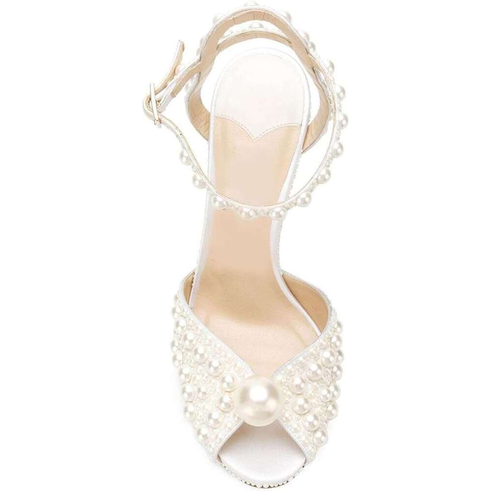 Womens Peep Toe Stiletto Heeled Sandals Shiny Pearl Buckle Ankle Strap Wedding Pumps Dress Evening Bride Bridal Shoes