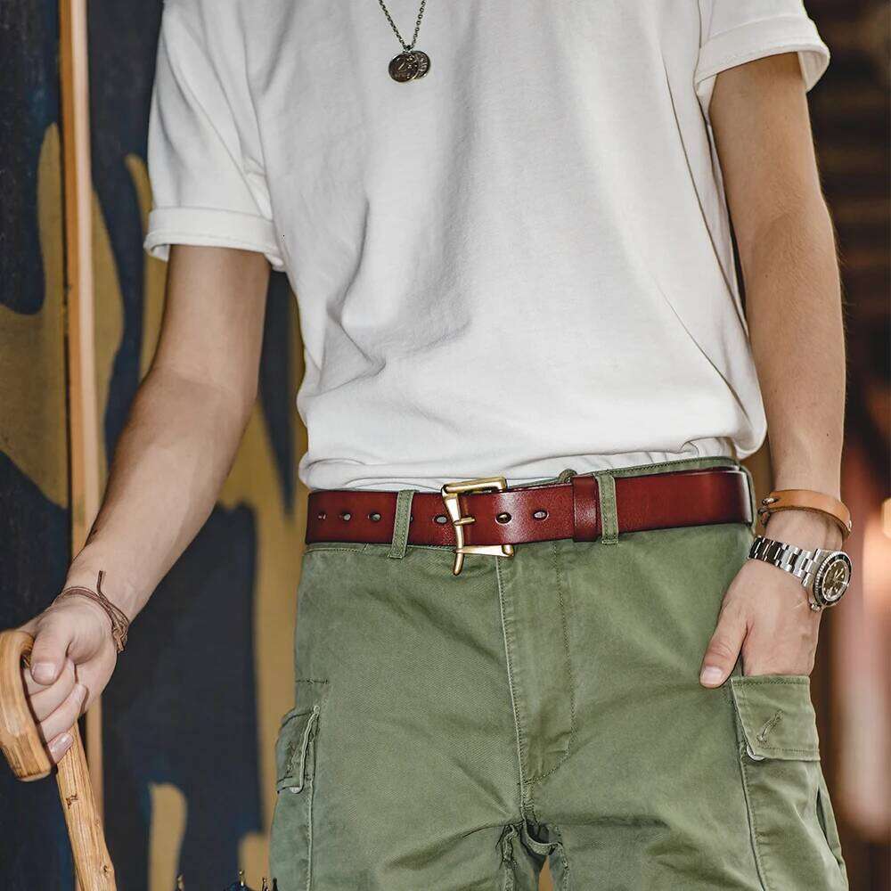 Maden Vintage Handmade First-Layer Cowhide Automatic Buckle Brass Quick-release Belt for Men's Daily Y260225