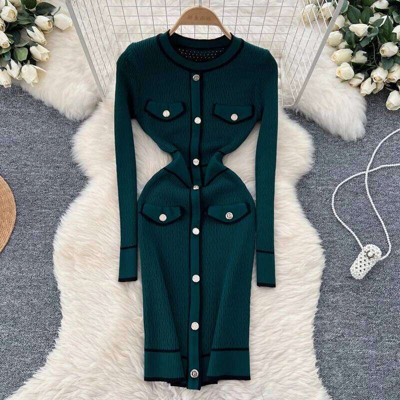 YuooMuoo Women 2024 New Autumn Winter O-neck Brand Buttons Knitted Sweater Dress Lady Bodycon Mini Party Vestidos Outfits XJ260225