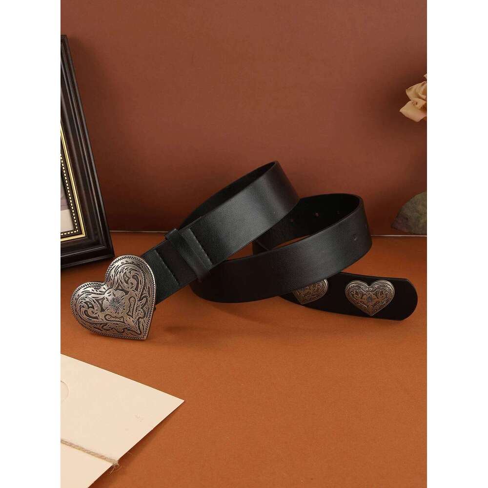 1pc women's black punk y2k engraved metal buckle heart-shaped tail jeans belt suitable for daily travel Y260225