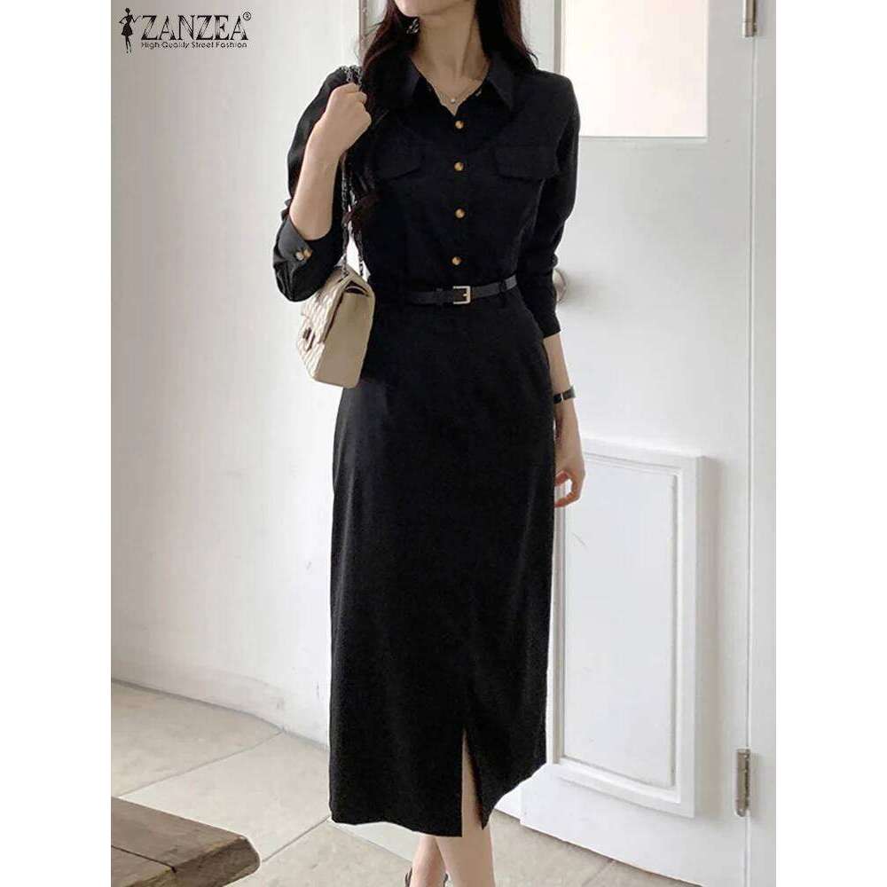 Casual Lapel Long Sleeve Vestidos ZANZEA Women Solid Work Dresses 2025 Spring Waisted No Belted Office Lady Midi Spilt Robe XJ260225