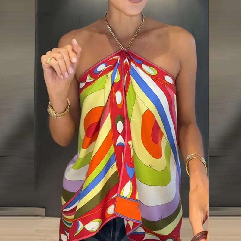 Women's Shirt 2026 Hollow Sleeveless Bohemian Shirt Chain Strap Folded T-shirt Satin Printed Slimming Top