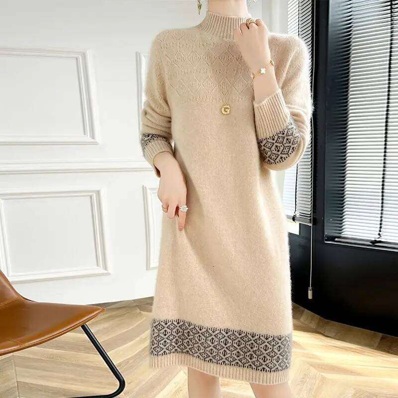 Trench Neck Wool for Women 2025 Autumn and Winter New Loose Temperament Knitted Versatile Elegant Dress XJ260225