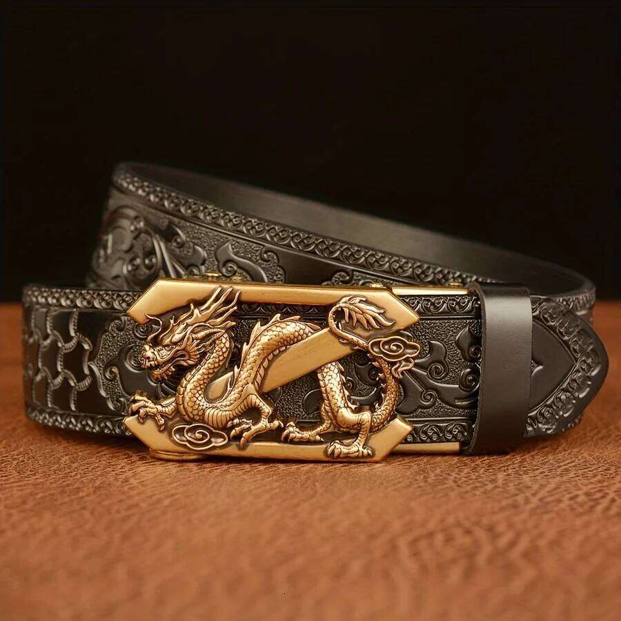 Men' Vintage Automatic Buckle Genuine Leather with Golden-Tone Dragon & Floral Embossed Design Black Casual Belt for Jeans Y260225