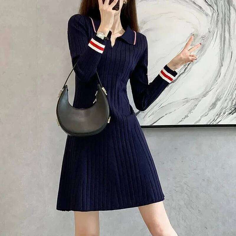 Korean Fashion Striped Patchwork Elegant Chic Knitted Dresses for Women Casual Polo Collar Long Sleeve Slim Mini Dress Vestidos XJ260225