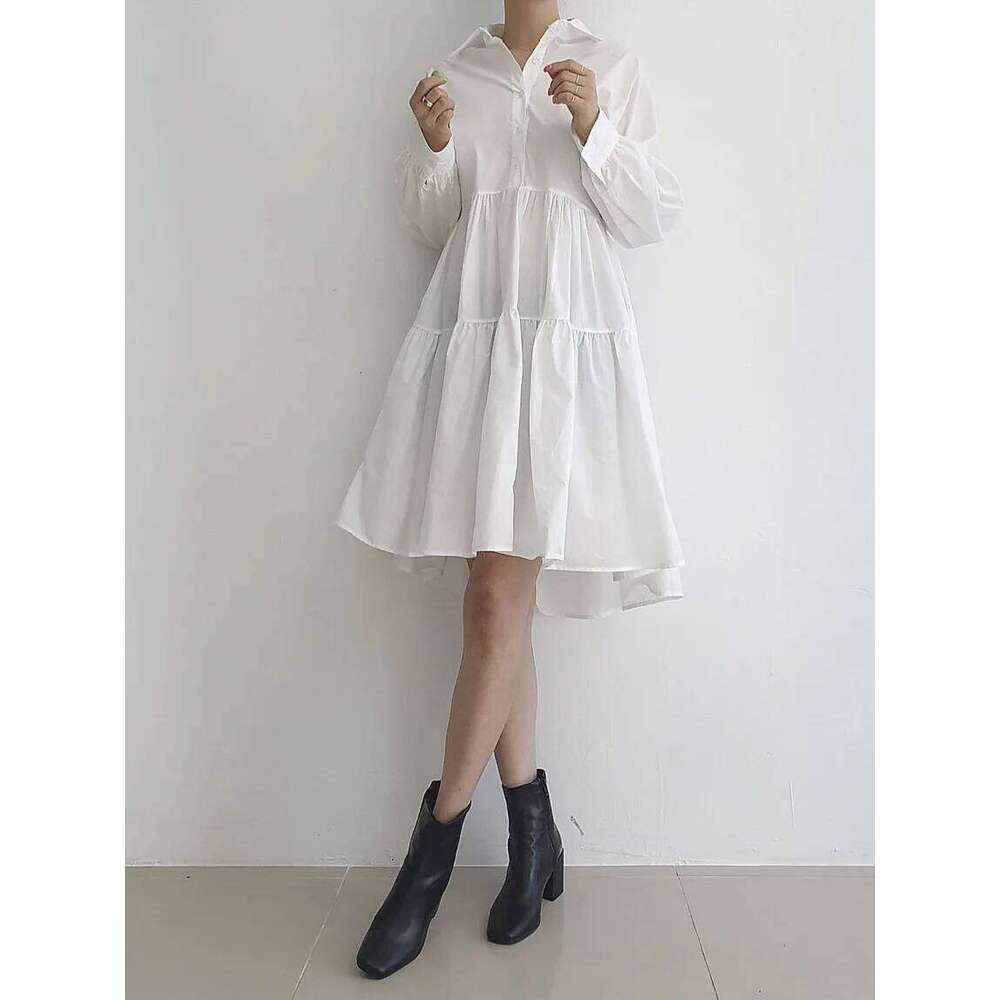 REALEFT Autumn Elegant Lantern Sleeve Women's A-line Shirts Dresses Turn-down Collar Buttons Casual Loose Umbrella Dress Female XJ260225