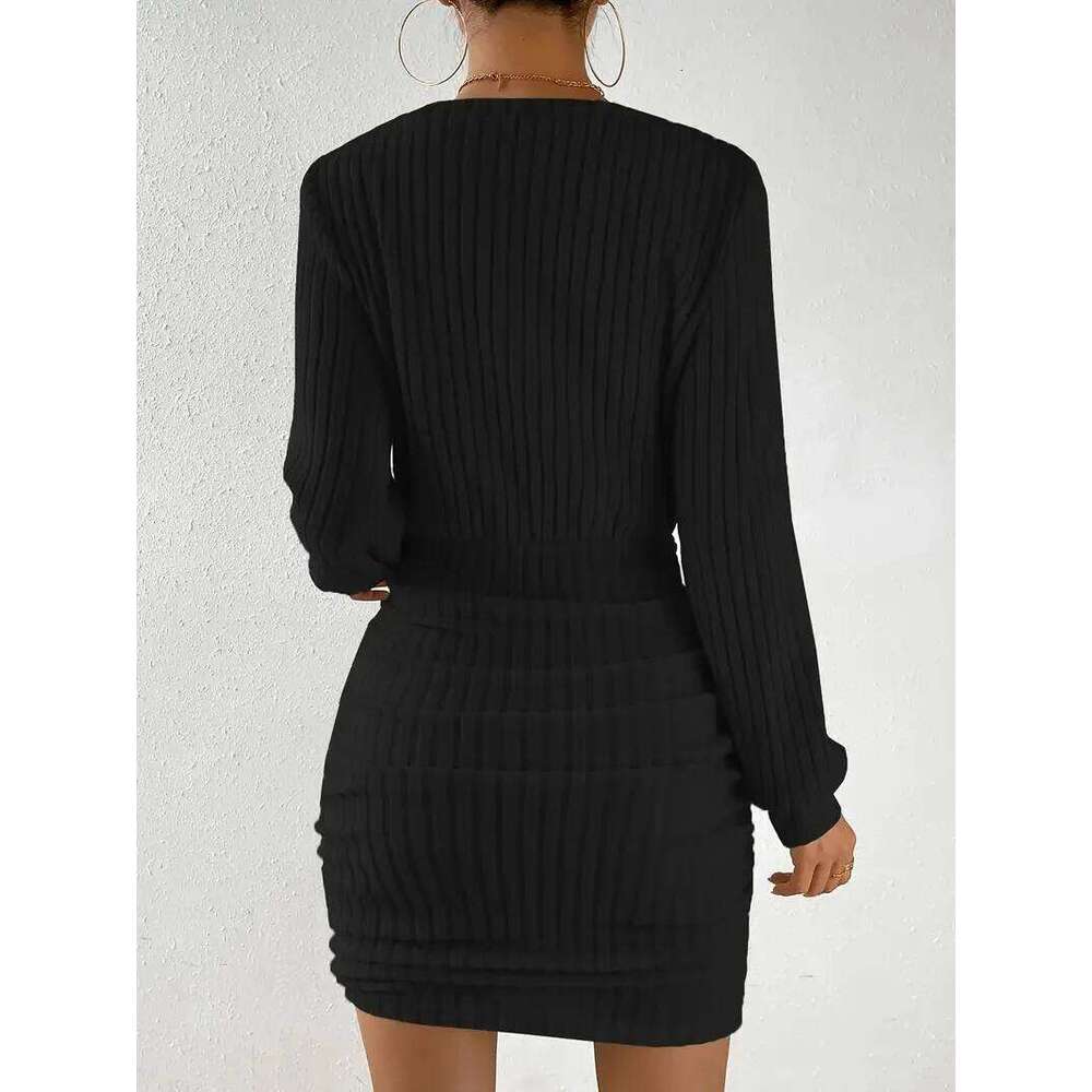 Womens 2025 Fall Winter Ribbed Knit Sweater Casual Long Sleeve Sexy V Neck Bodycon Mini Dress XJ260225