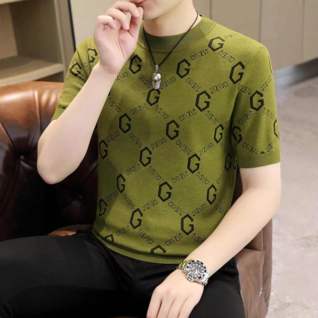 Luxury Luxury Designer Clothes Mens Short-Sleeved Knit Sweater Spring And Autumn Trendy Slim-Fit Round-Neck Half-Sleeve Base Shirt Casual Versatile Wa