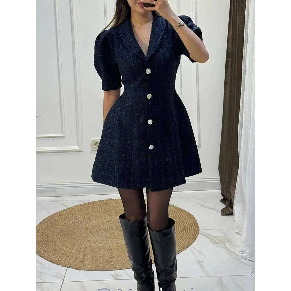 Elegant Lapel Collar Short Women Fashion Button Solid Color A-Line Casual Puffed Sleeves Draped Woolen Dress XJ260225