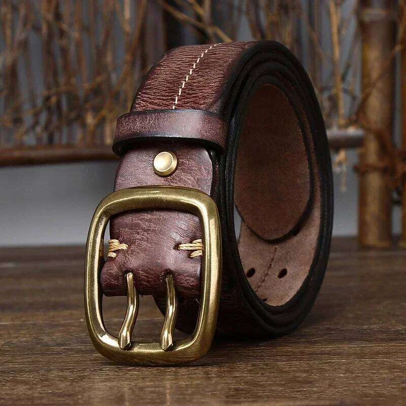 3.8cm Pure Cowskin Genuine Leather Men Copper Double Needle Pin Buckle High Quality Luxury Male Strap Jeans Military Belt Y260225