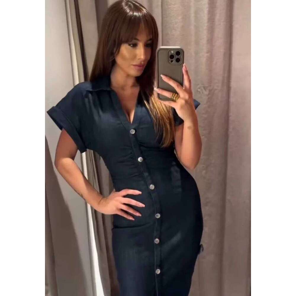 2025 Wansici Spring New 1975 series denim MIDI with lapel side zipper fashion wrinkle waist slim elegant dress XJ260225