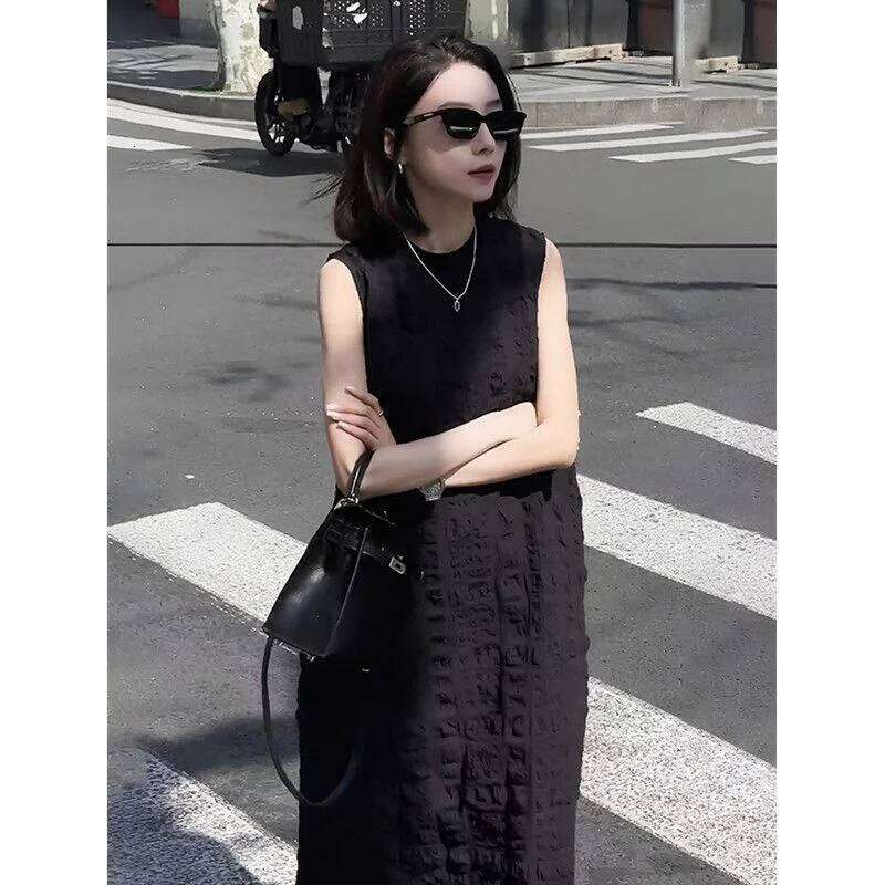 Women's New Spliced Pullover Round Neck Fashionable Solid Color Pockets Loose Slimming Temperament Sleeveless Vest Dress XJ260225