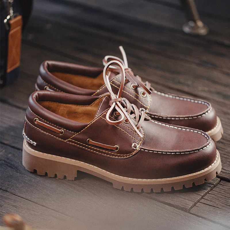 Maden Mens Vintage Split Leather Boat Shoes Lace-up Round Toe Derby Shoes Low Top Boots British Style Classic Work Dress Shoes 260130 - view 5