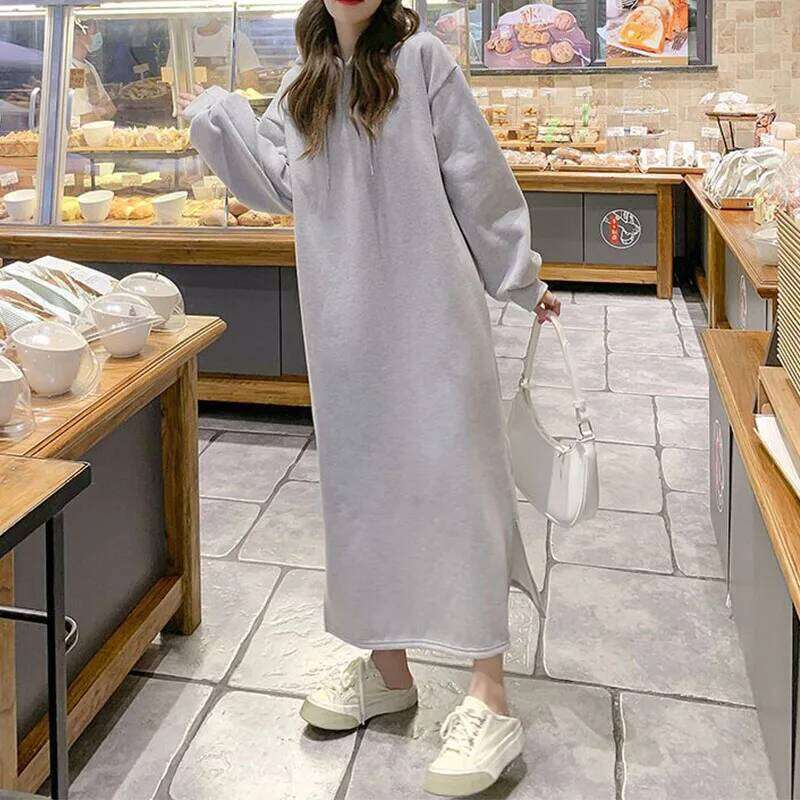 Korean Fashion Dresses Autumn Winter New Women Solid Hooded Plus Velvet Long Sleeve Loose Ankle-Length A-line Sweatshirt Dress XJ260225