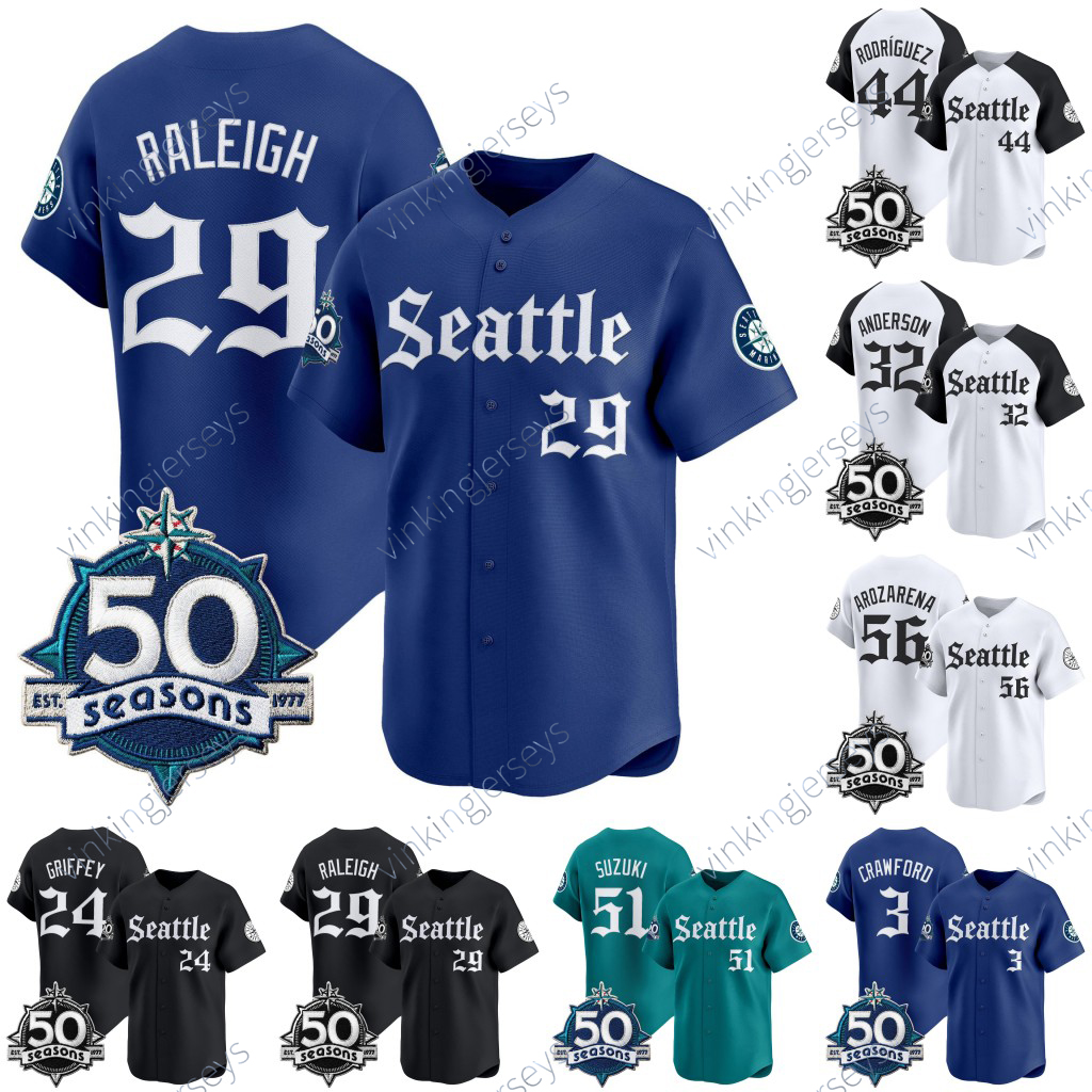 Seattle Mariner 50 Seasons Patch Jersey Julio Rodriguez Raleigh Arozarena Gilbert Crawford Munoz Locklear Canzone Bliss Garver Robles Raley Marlowe Taylor