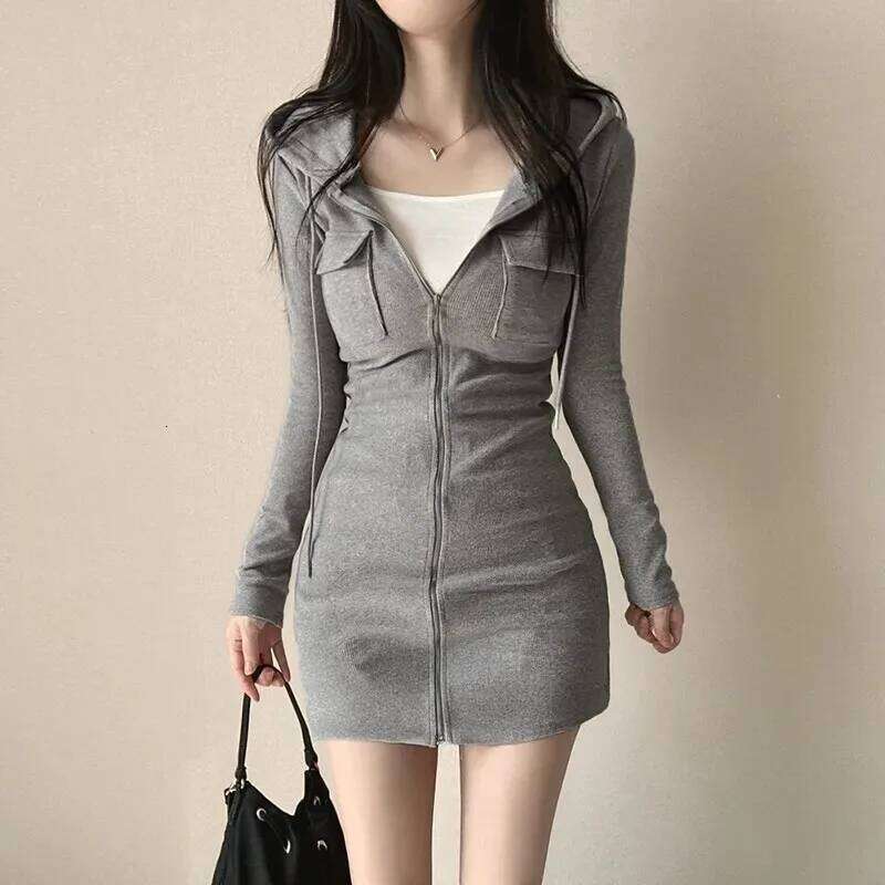 Long Sleeve High Waist Bodycon Slim Casual Short Dress American Simple Solid Color Hooded Zipper XJ260225