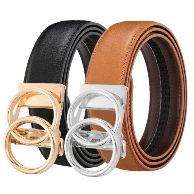 2025 Double Ring Automatic Men's Leather Cowhide Fashionable Simple Gold and Silver Alloy Buckle Belt Y260225