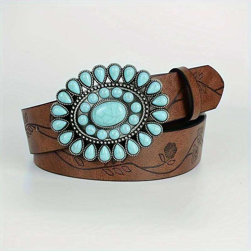 Ladies wear the classic Western belt, brown embossed PU leather, bohemian style oval turquoise buckle belt Y260225
