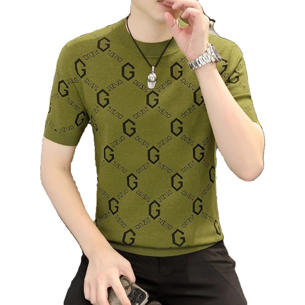 Luxury Luxury Designer Clothes Mens Short-Sleeved Knit Sweater Spring And Autumn Trendy Slim-Fit Round-Neck Half-Sleeve Base Shirt Casual Versatile Wa