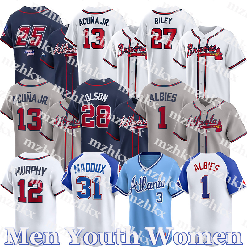 Ronald Acuna Jr. Jersey #1 Ozzie Albies Braves Jerseys Chris Sale Austin Riley Matt Olson Jarred Kelenic Spencer Strider Grant Holmes Custom Baseball Jerseys men youth