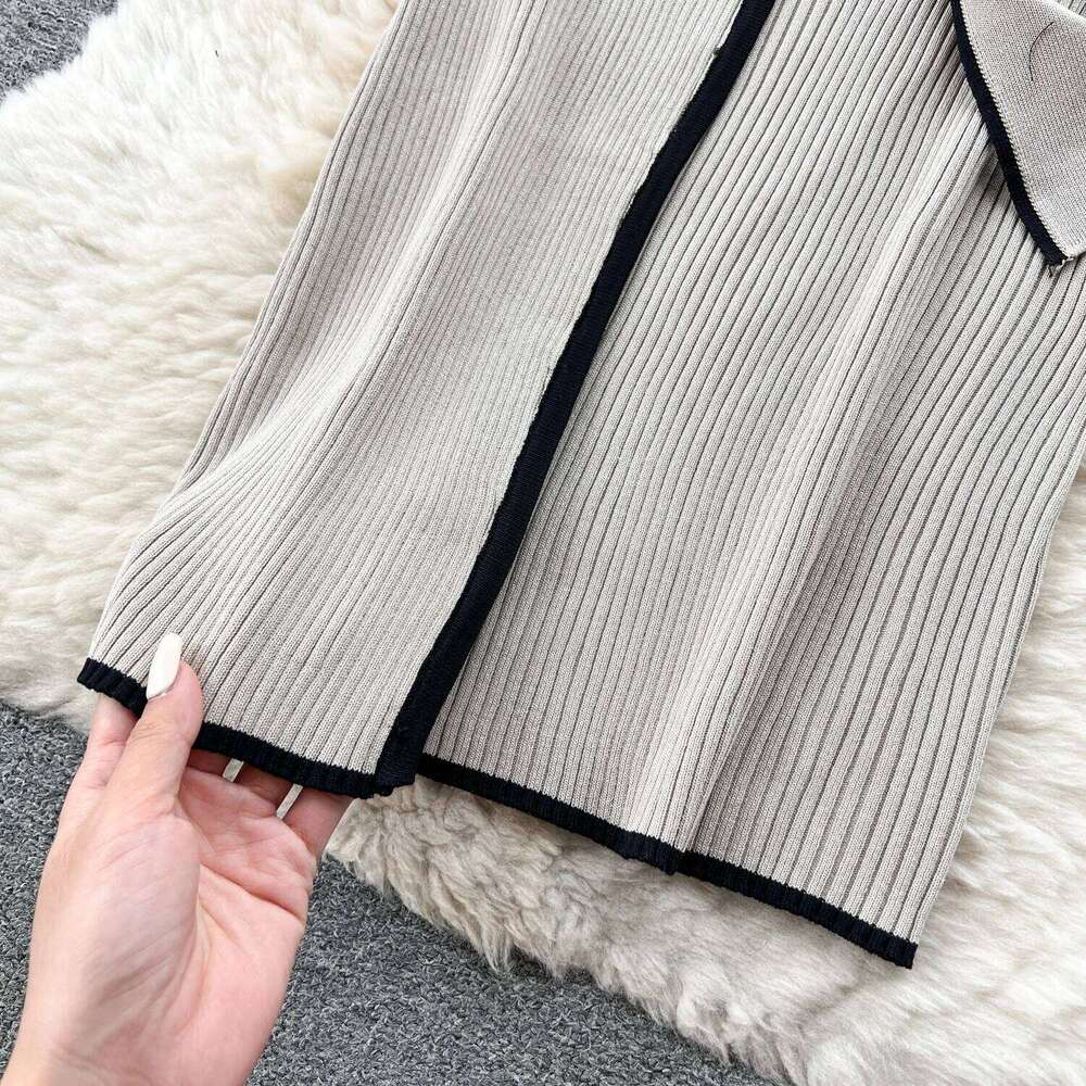 YuooMuoo Elegant Khaki Black Ribbed Knitted Bodycon Long Dress Women Autumn Winter Sash Bandage Streetwear Stretch Lady Dresses XJ260225