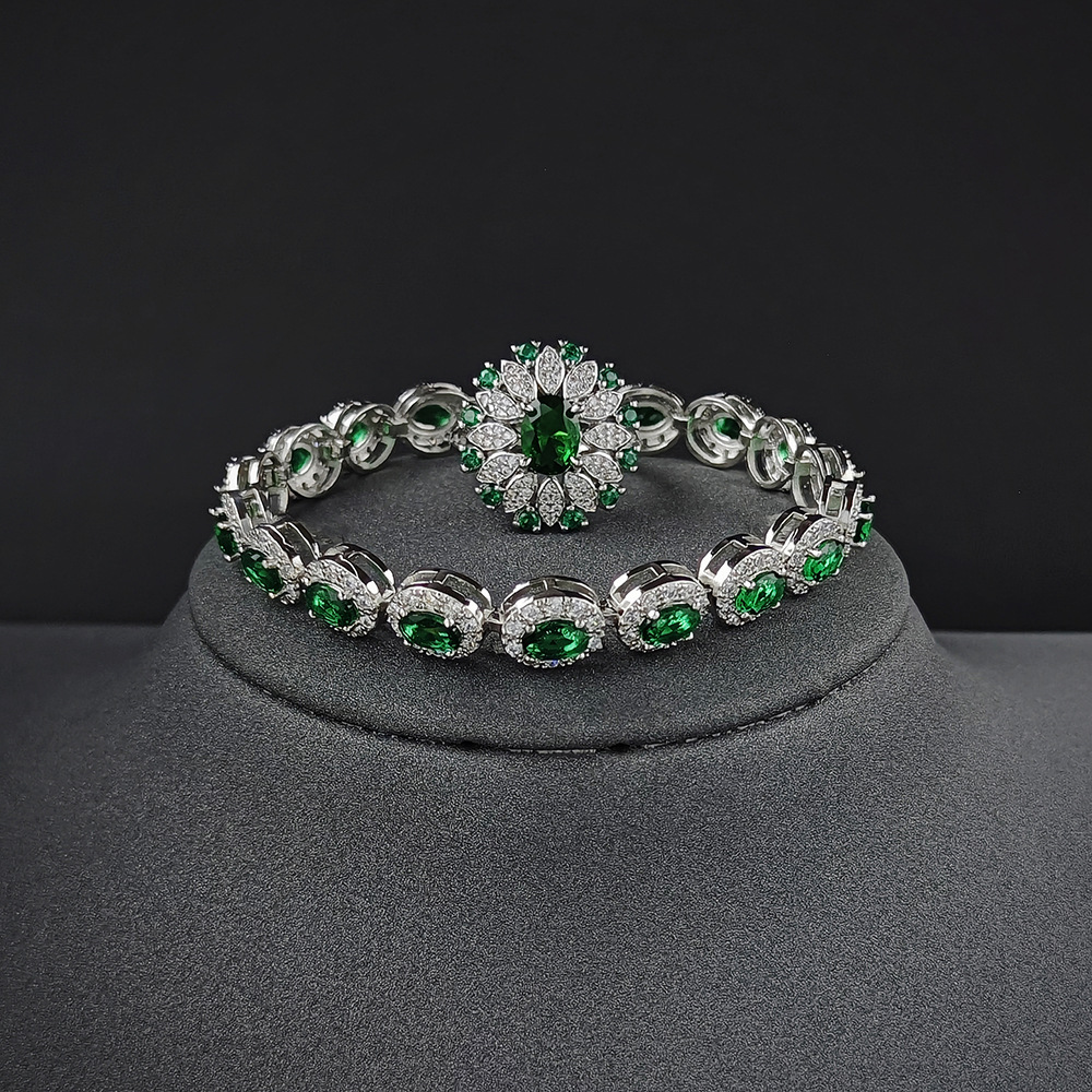 Cross-Border E-commerce Emerald Color Oval Jewelry for Women Three-Piece Set - view 3