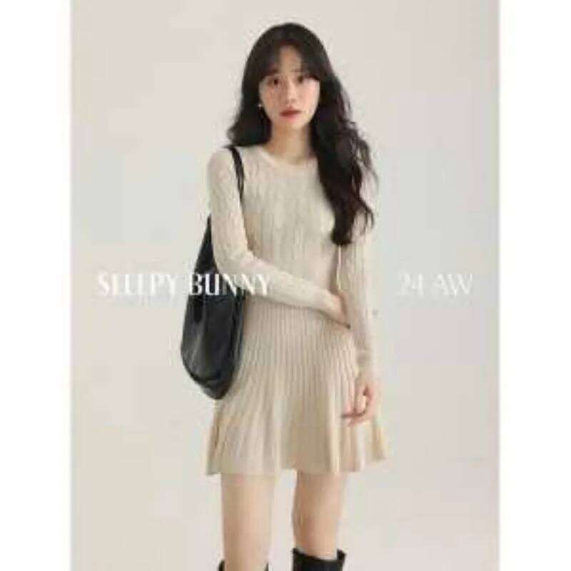 Autumn Winter Waist-cinching Retro Round Neck Bottoming Long-sleeved Dress New Slim Knitted Pleated Skirt XJ260225