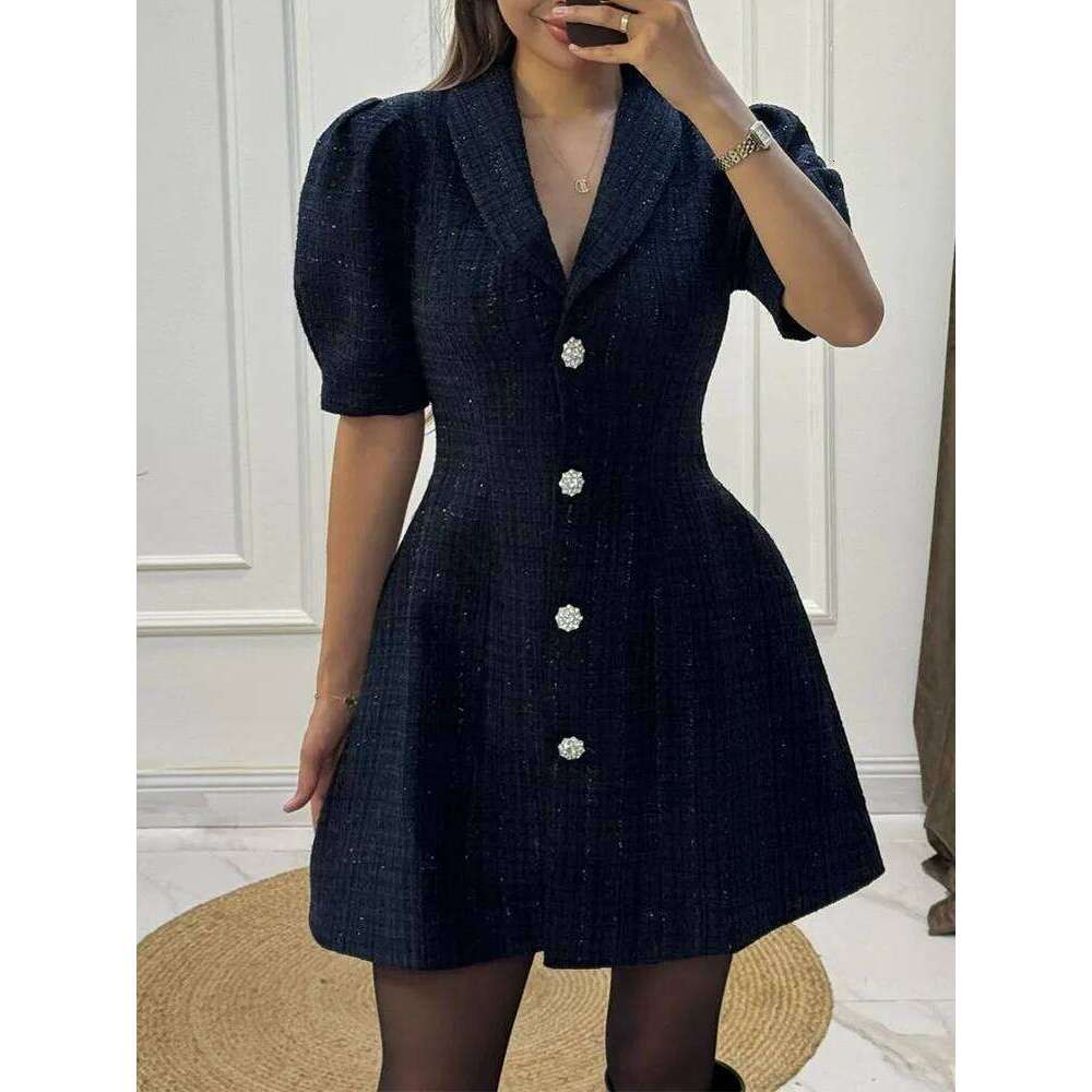 Elegant Lapel Collar Short Women Fashion Button Solid Color A-Line Casual Puffed Sleeves Draped Woolen Dress XJ260225
