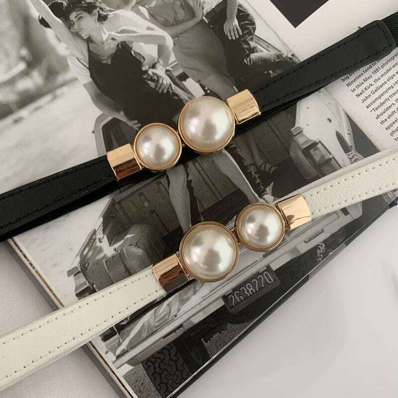 Women's Thin Elastic Decorative Dress Double Pearl Buckle Belt Waistband GM113 Y260225