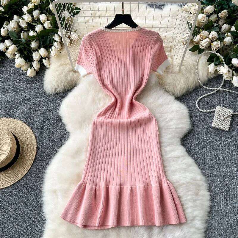 Elegant Knitted Slim Fit Summer Clothing Women Short Sleeve V-Neck Bodycon Midi Dresses OL Style Knitting Dress Robe Femme XJ260225