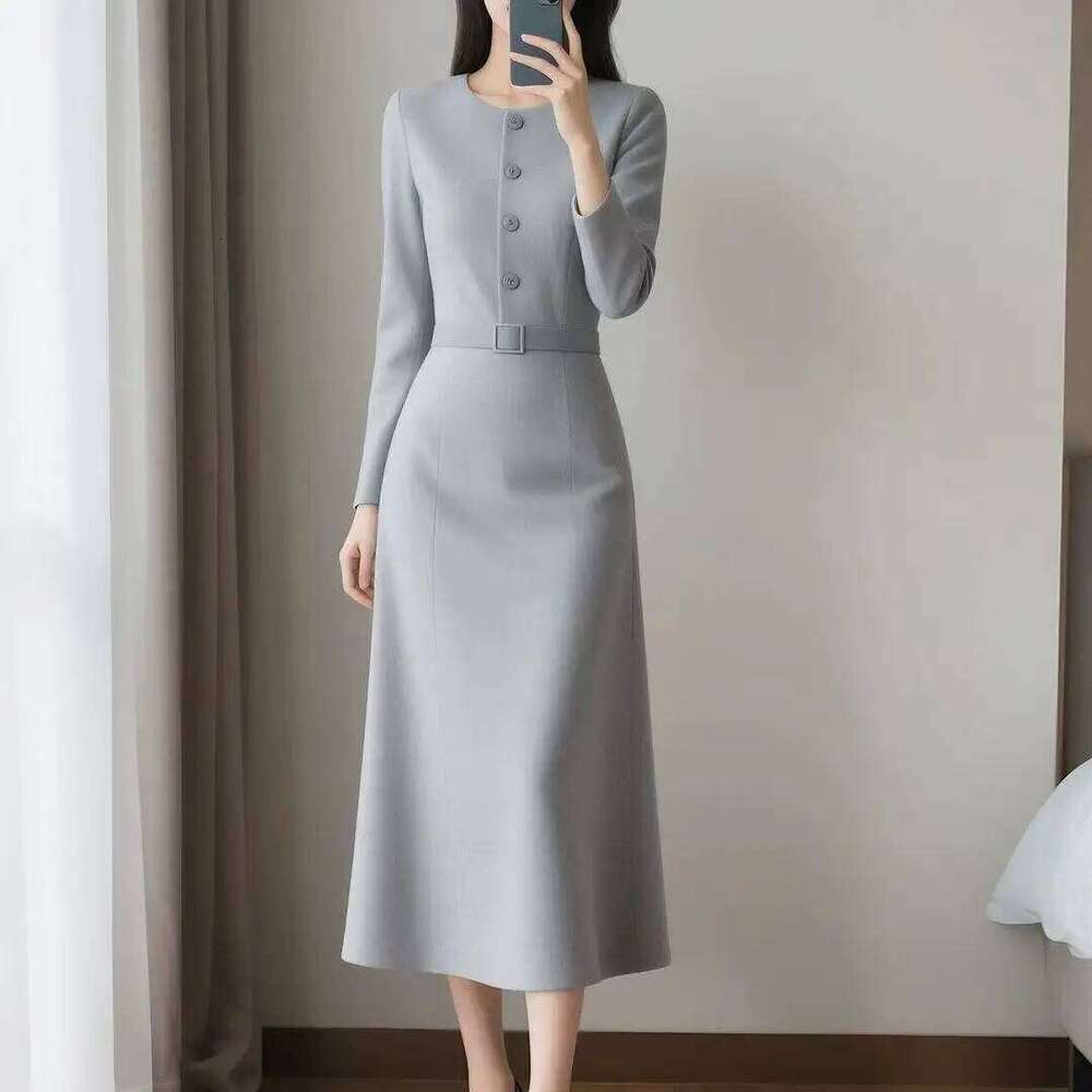 New Elegant Simple Dress Women Autumn Fashion O-Neck Sleeve Slim A-line Long Drsss Casual Office Lady Beautiful Dresses XJ260225