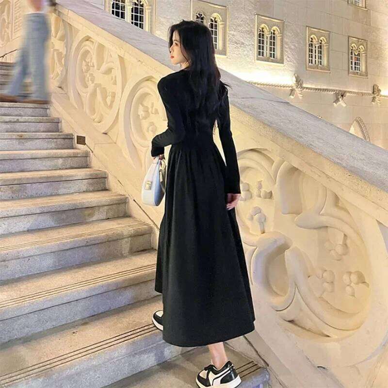 Fanan 2024 New Sleeve O-neck A-line Dress Fashion Streetwear Vestidos Lady Korean Style Hollow Out Black Long Dresses Women XJ260225