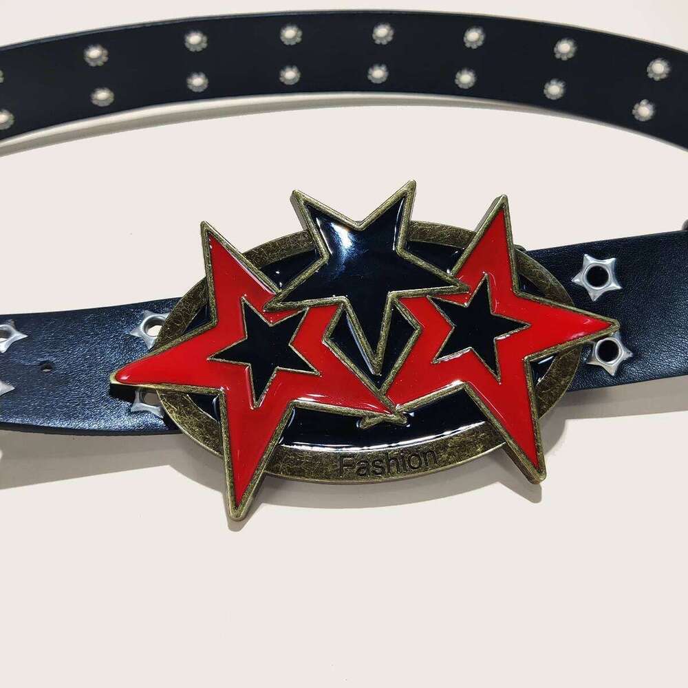 Men's Y2K Punk Fashion Red Six-pointed Star Buckle Gothic Accessories Versatile Jeans Leather for Woman Wide Plus Size Belt Y260225