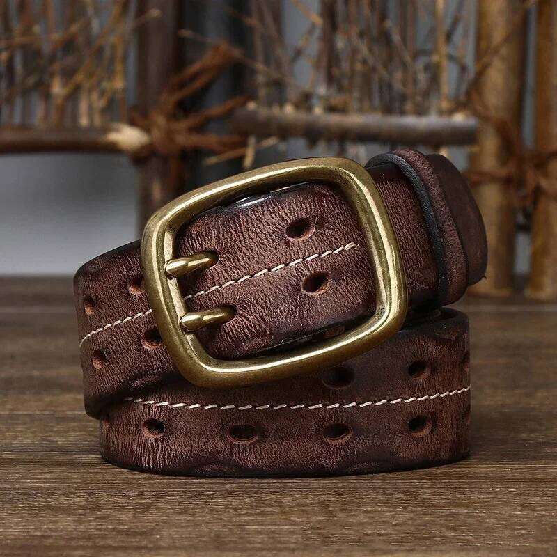 3.8cm Pure Cowskin Genuine Leather Men Copper Double Needle Pin Buckle High Quality Luxury Male Strap Jeans Military Belt Y260225