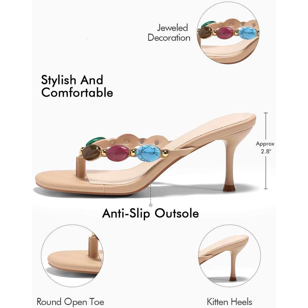 Womens Jeweled Heeled Sandals Kitten Heel Starppy Flip Flop Backless Open Toe Slides Boho Summer Vacation Beach Shoes